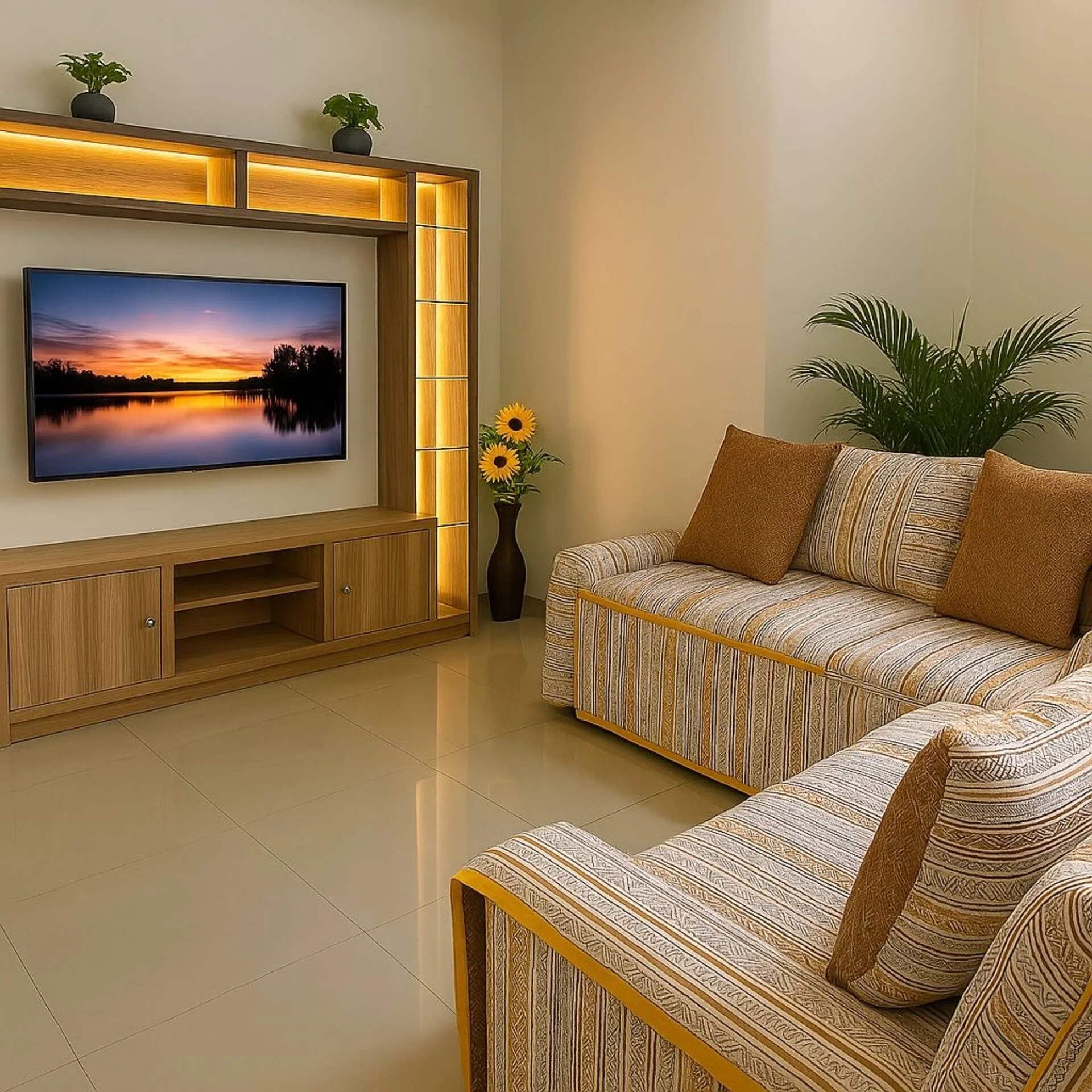 Sala con sofá beige, Smart TV y plantas